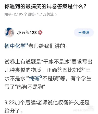 这是一张知乎问答的截图，展示了用户“小五郎123”分享的一则校园化学考试趣事。问答主题为“你遇到的最搞笑的试卷答案是什么？”，该回答中提到，初中化学试卷有一道题要求写出类似“干冰不是冰”的表述，正确答案为化学相关的内容，如“王水不是水”“纯碱不是碱”，但有学生跳出化学范畴，写了“热狗不是狗”，后续老师经过权衡后给这个答案判了分，这个生活化的答案和老师的处理方式制造了诙谐的笑点。