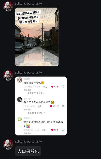 这是一组社交媒体上的搞笑玩梗内容，由三段内容组成：第一张是乡村道路的照片，路面因积水反光看起来像大理石，配文调侃“谁说村里不如城里？我村也是好起来了 铺上大理石路了”；第二张是抖音评论区的高赞评论截图，网友们玩梗吐槽这种光滑路面的安全隐患，比如“把老头当摔炮呢”调侃老人容易滑倒，“冬天下点雪也算是屠村了”夸张吐槽路面湿滑的危险，“谁考公写的解决老龄化的答案被落地了”结合老龄化话题玩梗；第三张是发布者补充的谐音梗“人口保龄化”，将“人口老龄化”谐音成“人口保龄化”，调侃老人在光滑路面滑倒像保龄球，用夸张的方式玩梗，整体充满搞笑的吐槽氛围。