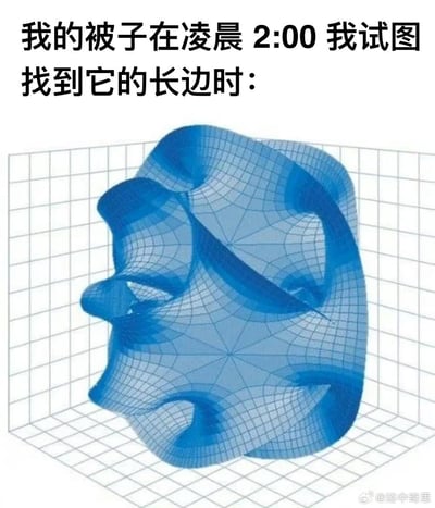 图片上方配有文字“我的被子在凌晨 2:00 我试图找到它的长边时：”，下方是一个蓝色的复杂3D网格模型，呈现出不规则、扭曲的非欧几何形状，形象地隐喻了深夜时分被子变得杂乱无章、难以找到长边的无奈场景，充满生活气息和幽默感。