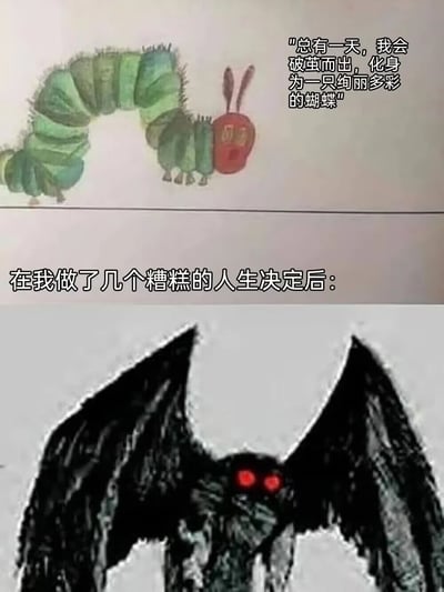 这是一张上下对比式的搞笑梗图，上图取材自经典儿童绘本《好饿的毛毛虫》中的绿色毛毛虫形象，配文是毛毛虫充满憧憬的台词“总有一天，我会破茧而出，化身为一只绚丽多彩的蝴蝶”，传递出对美好蜕变的期待；下图则是经过二次创作的形象，原本的毛毛虫变成了拥有巨大黑色翅膀、红色发光眼睛的恐怖飞虫，上方配文“在我做了几个糟糕的人生决定后：”，通过强烈的形象反差，夸张地调侃因做出错误人生选择，原本的美好期待彻底偏离轨道，变成了糟糕的结果，充满自嘲和幽默的氛围，精准戳中人们对生活中不如意的共鸣。