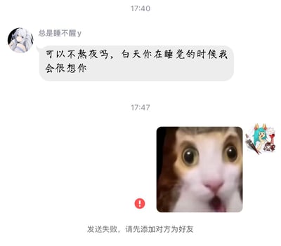 这是一张模拟聊天记录的梗图，上方是名为“总是睡不醒y”的用户发来的告白内容：“可以不熬夜吗，白天你在睡觉的时候我会很想你”，下方是发送者试图发送一张震惊脸猫咪的表情包来回应，却出现红色感叹号，底部系统提示“发送失败，请先添加对方为好友”，形成了尴尬又好笑的社死场景——原本准备回应告白的表情包，却意外发现自己早已不是对方好友，这种猝不及防的反差感让整个画面充满笑点。