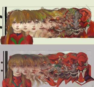 这是一组上下排列的对比创作图，均以油画质感的手绘风格，展现《新世纪福音战士》角色明日香逐渐畸变、与EVA二号机（暴走兽化形态）融合的过程。
上图：从神态冷漠的正常明日香开始，面部逐步扭曲，长出额外的眼睛与尖锐利齿，最终和红色的二号机怪异头部完成融合，异化过程相对平缓；
下图：明日香颈部带有十字伤痕，面部破碎渗血，身体与二号机的机械结构、多眼怪兽头部的融合更加扭曲破碎，视觉冲击力更强，整体氛围压抑惊悚，充满身体恐怖的视觉元素，演绎了EVA中「人机共生与异化」的核心主题。