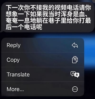 这是一张聊天界面截图，显示一条夸张的威胁消息：“下一次你不接我的视频电话请你想象一下如果我当时浑身是血、奄奄一息地躺在巷子里给你打最后一个电话呢”。消息下方弹出包含“Reply”“Copy”“Translate”“More...”选项的上下文菜单，整体风格用于幽默调侃对方不接视频电话的行为。