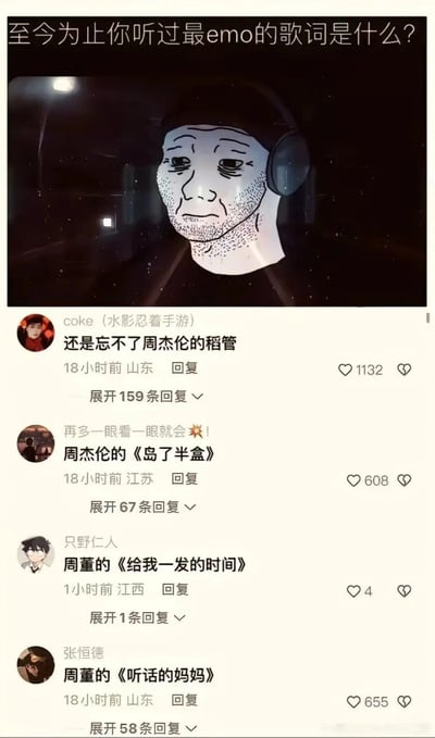 这是一张国内社交平台的评论区截图，顶部配有一个戴着耳机、面容沮丧的emo风格卡通男性形象，上方的提问为“至今为止你听过最emo的歌词是什么？”。在评论区中，多位用户通过故意写错周杰伦经典歌曲名的谐音梗方式来回应提问，将《稻香》写成“稻管”，《半岛铁盒》写成《岛了半盒》，《给我一首歌的时间》写成《给我一发的时间》，《听妈妈的话》写成《听话的妈妈》，这些搞笑的谐音梗评论获得了不同数量的点赞，用反差感的幽默内容回应了“emo歌词”的主题。