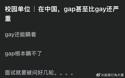 这是一张黑底白字的纯文字吐槽梗图，顶部用大号白色字体标注主题“校园单位 | 在中国，gap甚至比gay还严重”，下方依次用浅灰色小一号字体补充表述：“gay还能瞒着”、“gap根本瞒不了”，最下方收尾内容为“面试就要被问好几轮。。。。”，图片右下角带有微博官方标识和账号“@迷惑行為大賞”的水印，内容调侃国内求职环境中，招聘方对求职者履历连续性要求极高，如果有间隔年（gap year）经历在面试时会被反复盘问，相比性取向而言更难隐瞒，讽刺了当下职场招聘的不合理现状。