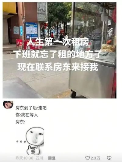 这张梗图讲述了一个小白租客下班后迷路，忘记新租房子地点只好联系房东来接自己的尴尬又搞笑经历。配合网友评论和白脸表情包，生动表达房东“无语凝视”的心理活动。整张图充满都市新人生活自嘲氛围，并有轻微的“社死”元素。