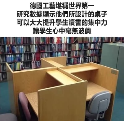 图片上方是文字说明，声称德国工艺设计的书桌能提升学生读书专注力，让学生心中毫无波澜。下方是图书馆中几个相连的木质独立学习隔间的照片。这里使用了谐音梗："毫无波兰"听起来像"毫无波澜"，制造幽默效果。