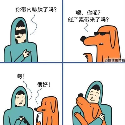 这是一幅四格连环卡通梗图，采用类似黑帮接头的严肃场景来玩生物学相关的搞笑反差梗：
1. 第一格：戴墨镜穿连帽衫的人，以严肃的语气询问对方“你带内啡肽了吗？”；
2. 第二格：同样戴着墨镜的狗狗，也以严肃的语气反问“嗯，你呢？催产素带来了吗？”；
3. 第三格：人和狗狗都给出肯定答复，人说“嗯！”，狗狗说“很好！”；
4. 第四格：两人（狗）立刻放下之前的严肃姿态，紧紧拥抱在一起。

这里的趣味点在于：内啡肽和催产素都是能为人体带来愉悦感、安抚情绪、提升幸福感的激素，而拥抱的行为会促进这两种激素的分泌，图中用“接头暗号”的形式来指代“获取快乐情绪的条件”，用严肃的接头场景和温馨的拥抱形成强烈反差，制造出搞笑又治愈的效果。
