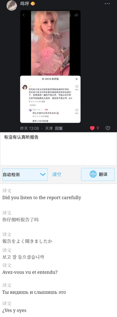 这张图片展示了一个社交媒体截图，包含用户发布的照片、评论区以及翻译工具界面。上方是一位金发女性的照片，穿着粉色透明上衣，佩戴珍珠项链。中间是评论区，显示有14410条评论，其中一条评论内容为"有没有认真听报告"。下方是翻译工具界面，将这句话翻译成了英语、日语、韩语、法语、俄语和西班牙语等多种语言。