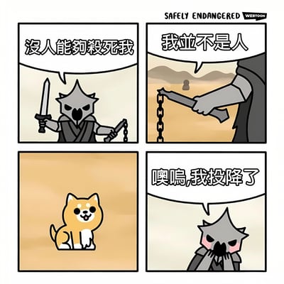 四格连环漫画:第一格中尖刺头盔战士手持剑与锁链自信宣言“没人能豹杀死我”;第二格锁链剑角色回应“我並不是人”;第三格出现一只开心坐立的柴犬;第四格战士震惊捂脸投降“噢呜,我投降了”。
双关梗:利用“豹杀死”(谐音“被杀死”)与柴犬的出现形成幽默反转,战士原以为对方是“人”而有恃无恐,得知对方“不是人”(实为动物)后立刻投降。