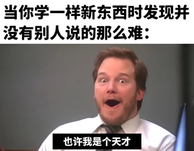 图片上方有文字“当你学一样新东西时发现并没有别人说的那么难：”，下方是一位表情惊讶的男性，眼睛瞪大，嘴巴张开，底部配有文字“也许我是个天才”。整体通过夸张的表情和文字对比，幽默地表现了人们在学习新事物初期觉得简单时产生的自我膨胀心理。