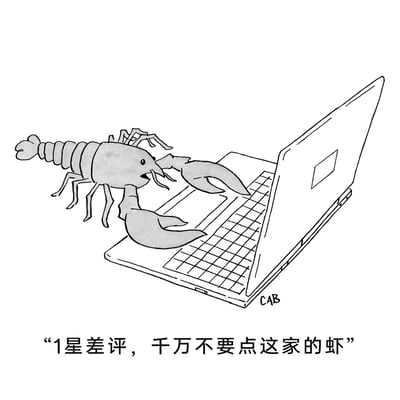 这是一幅黑白手绘风格的单格卡通漫画，画面主体是一只拟人化的龙虾，它正用两只大钳子放在打开的笔记本电脑键盘上，仿佛在操作电脑进行评价。龙虾嘴巴张开，神态看起来像是在吐槽。画面下方配有文字“1星差评，千万不要点这家的虾”，通过“被售卖的龙虾给卖虾商家打差评”这种荒诞的拟人化设定，制造出强烈的反差幽默，既讽刺了餐饮评价中的趣味乱象，也用无厘头的方式带来搞笑效果。