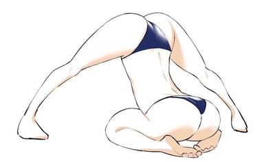 这是一张线稿风格的插画，描绘了一位女性的背影。人物穿着蓝色比基尼泳裤，呈现跪姿，一条腿向后伸展，身体微微前倾，展现出流畅的身体曲线。画作采用简洁的线条勾勒，局部有阴影处理以突出立体感，整体风格偏向写实与艺术化结合。