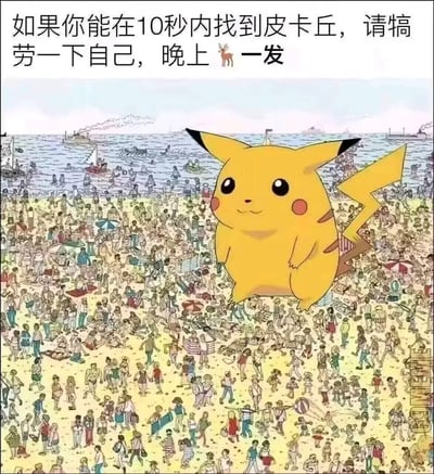 这是一张趣味互动梗图，背景是类似《威利在哪里？》风格的超拥挤海滩场景，画面里密密麻麻布满了各种姿态的小人物，视觉上十分杂乱。而在画面中间偏右的位置，一只宝可梦系列的皮卡丘被大幅放大直接放置在人群之上，形成强烈的反差感。图上方配有文字：“如果你能在10秒内找到皮卡丘，请犒劳一下自己，晚上🦌一发”，其中的🦌是谐音“撸”，玩了低俗趣味的谐音梗，增加搞笑效果。
