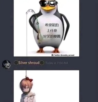 这是一张由上下两部分拼接而成的社交平台聊天记录截图，属于玩梗互动类内容。上方是一只戴着墨镜、手持钓鱼竿的卡通企鹅，配文“希望能钓上什么好笑的梗图”，用“钓鱼”的比喻表达了想要收集有趣梗图的诉求；下方是用户“Silver shroud”在社交平台发布的回应内容，图中是视觉小说《心跳文学部》中的角色纱世里，被鱼线吊在空中，完美呼应了上方企鹅“钓鱼”的设定，以玩梗的方式回应了求梗图的诉求，形成了一个有趣的互动笑点，整体内容诙谐幽默，贴合网络玩梗的文化氛围。