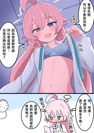 这是基于游戏《蔚蓝档案》创作的同人二创短漫画，分为上下两格：
1. 上格：粉发异色瞳的小鸟游星野脸红喘气，拉开自己的外套露出内衣，带着大胆的语气对老师说“会很危险 所以不要抵抗唷…”“因为我喜欢老师 所以会这样做… 也是没办法的对吧？”，表现出主动挑逗的姿态。
2. 下格：星野看到老师买的、封面上写着“夜戰前夕”的本子后，瞬间脸红心跳，头上冒出晕眩的圈圈，内心慌乱地OS“唔、唔嘿 老师居然买了这种本子吗…”“是想要我对他做同样的事情吗!?”，展现出和上格完全相反的害羞慌乱。
整个漫画玩了反差萌的梗，将星野的主动大胆和害羞慌乱的两面结合，制造出搞笑又可爱的效果。