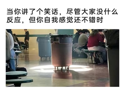 这是一张图文结合的趣味梗图，上方配有文字说明“当你讲了个笑话，尽管大家没什么反应，但你自我感觉还不错时”，下方是一个公共就餐区域（类似食堂）的真实场景：地面上的自然光影形成了类似聚光灯的效果，恰好笼罩着一个带轮子的垃圾桶，让这个垃圾桶仿佛成为了全场的焦点；而周围的人们都在各自的座位上交谈、忙碌，完全没有关注这个垃圾桶，精准地对应了文字描述的状态——自己讲完笑话后，尽管旁人毫无反应、冷场尴尬，自己却依然沉浸在自我满足中，仿佛自己是舞台中心的主角，用幽默的方式调侃了这种自我良好又略带尴尬的日常时刻。