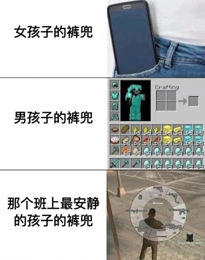 这是一张三行上下对比的搞笑梗图，通过文字与图片结合幽默展现不同人群的裤兜容量差异。第一行左侧文字为“女孩子的裤兜”，右侧配图是一部手机勉强塞进牛仔裤兜的照片，暗示女生裤兜通常空间狭小；第二行左侧文字“男孩子的裤兜”，右侧为《我的世界》(Minecraft)游戏的物品栏截图，里面塞满了铁锭、钻石、面包、工具等大量物品，夸张表现男生裤兜仿佛能装下一切；第三行左侧文字“那个班上最安静的孩子的裤兜”，右侧是《绝地求生》(PUBG)游戏的武器选择轮盘截图，显示各种枪械武器，用游戏中的“军火库”来调侃安静的学生可能隐藏着惊人的“装备”。整体通过游戏元素与现实场景的对比制造笑点，突出反差萌。