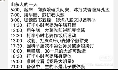 这张图以时间轴形式，用极度夸张、戏谑的方式虚构了“山东人的一天”，将多个关于山东的地域刻板印象极端化拼接：
1. 文化相关：跪拜孔孟、研读四书五经备考科举、看重考公；
2. 饮食相关：煎饼卷大葱、38元一只的大虾（对应青岛大虾事件）；
3. 生活相关：重男轻女、对考公的执念、收看《我是大明星》节目；
4. 还加入了打老婆、扛800斤小麦等离谱夸张的内容，通过反差感制造搞笑效果，本质是对地域刻板印象的恶搞玩梗，其中家暴、重男轻女等内容是极端化的戏谑表达，并非真实情况。