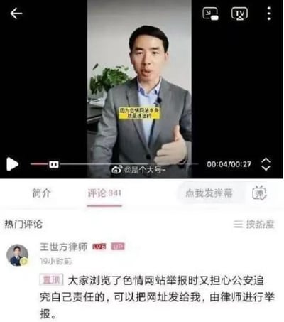 这是一张哔哩哔哩（B站）法律科普视频的截图，画面上方是一位身着灰色西装的男士正在进行法律讲解，画面中的黄色文字标注了核心观点“因为色情网站本身就是违法的”。画面下方是该视频的评论区，UP主王世方律师的置顶评论写道：“大家浏览了色情网站举报时又担心公安追究自己责任的，可以把网址发给我，由律师进行举报。” 该内容解决了部分用户想举报不良色情网站，但又害怕自身被追责的顾虑，展现了律师的专业与贴心，图中无谐音梗、双关或暗示类内容。