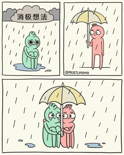 这是一幅由三格组成的治愈系连环卡通漫画：第一格中，绿色卡通小人被标注着“消极想法”的乌云笼罩，独自蜷缩在雨中哭泣，浑身被雨水打湿，身边积起水洼，尽显低落悲伤；第二格，粉色卡通小人独自撑着一把米黄色雨伞站在雨中；第三格，粉色小人走到绿色小人身边，和它一起躲在伞下，紧紧挨着绿色小人，用陪伴来安抚陷入消极情绪的对方，画面传递出温暖的陪伴与支持的力量，治愈感十足。