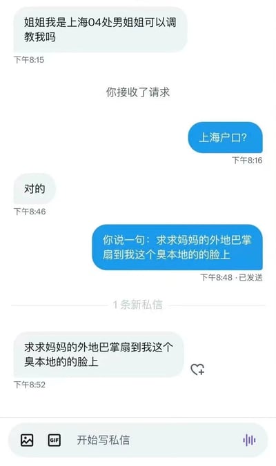 这是一张聊天记录截图，显示了一段包含地域歧视内容的对话。一方自称"上海04处男"请求被"调教"，另一方则要求其说出带有地域歧视色彩的侮辱性话语。