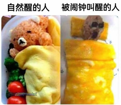 这张图采用左右分栏对比的形式，左边是用食物捏制的轻松小熊造型，它裹着蛋包饭质感的“被子”，表情放松慵懒，对应“自然醒的人”，状态舒适惬意；右边是捏制得十分潦草的小熊造型食物，表情呆滞崩溃，搭配粗糙的蛋饼“被子”，对应“被闹钟叫醒的人”，一脸生无可恋。通过创意食物造型的强烈反差，生动调侃了两种起床状态的巨大差异，精准戳中人们的日常共鸣，搞笑又真实。