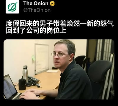 这是一张来自讽刺新闻网站The Onion的社交媒体截图，画面上方显示其官方账号标识（绿色洋葱logo及@TheOnion用户名），下方配有一张办公室场景照片：一名戴眼镜的中年男子坐在铺有办公用品的办公桌前，双手放在笔记本电脑键盘上，神情严肃。图片上方的中文文字“度假回来的男子带着焕然一新的怨气回到了公司的岗位上”形成反差幽默，调侃职场人假期结束后不情愿返工的普遍心态。