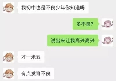 这张梗图是一段模拟微信聊天截图，对话者用“不良少年”一词开头，制造悬念和误导，结果最后却用“才一米五，有点发育不良”进行反转，把“少年不良”双关成生理发育不良。让人会心一笑，是典型的网络梗语幽默，尤其适合自嘲或和朋友调侃发育身高话题。

**双关梗**：不良少年→发育不良。