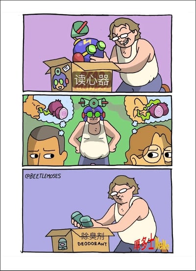 这张漫画梗图分为三格，主要内容是一位穿背心的男子打开一个标有“读心器”的箱子，取出一台读心器设备并戴在头上。在第二格，两边的人都在用怀疑的眼神看向他，并且脑中浮现出“臭味”的意象，暗示他们觉得男子身上有体味。第三格，男子取下读心器，打开一个写有“除臭剂”的箱子，自觉拿出除臭剂使用，暗示他通过“读心”得知别人嫌弃他有体味，于是主动用除臭剂。这种设定带有幽默感，也包含了“自我意识觉醒”的搞笑成分。没有明显谐音梗，但有社交暗示，自嘲味道梗。