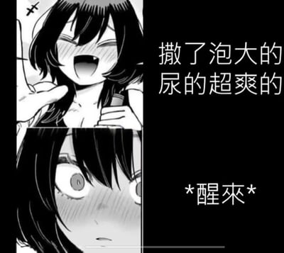 这是一张上下分镜的黑白漫画梗图：
上半部分是动漫女生一脸舒爽愉悦的表情，配文「撒了泡大的尿的超爽的」，表现梦中排尿的畅快体验；
下半部分是同一女生瞪大双眼、满脸通红的震惊尴尬表情，配文「*醒來*」，揭示这只是一场尿床梦，瞬间从极致爽感跌落至社死的尴尬境地，通过梦境与现实的强烈反差制造搞笑效果。
无双关或谐音梗，纯靠场景反差戳中日常糗事的笑点。