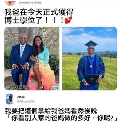这张梗图分为上下两部分。上半部分是一则推文，配有父女合照与一位男士身穿毕业袍、手持学位证书在草坪上的照片，文字内容是“我爸在今天正式获得博士学位了！！！”，表达为父亲感到自豪之情。下半部分是一名网友的转评，表示要把这条推文给父母看，然后用经典的家长比较句式说：“你看别人的爸妈做的多好，你呢？”

本图以调侃、对比的语气反转了常见的“别人家的孩子”家长口头禅，改成了“别人家的爸妈”，形成幽默效果。

**未涉及谐音梗、含蓄暗示，但存在网络流行文化反转现象。**