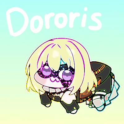 这是一段展示原创Q版虚拟角色Dororis的GIF动图，角色有着浅金色的短发，佩戴着带有精致花纹的黑色眼罩，身着深色的服饰，以趴卧的姿态呈现在画面中。动图效果里，角色的身体、服饰细节会进行轻微的摇摆晃动，角色边缘带有粉蓝双色的霓虹描边，增添了赛博感。背景是从上到下由浅青渐变到浅黄的柔和底色，画面上方标注着白色的角色名称“Dororis”，整体风格软萌可爱，适合作为虚拟形象的展示素材或表情包使用。