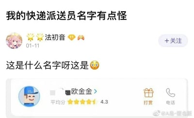 这是一张横版的社交媒体截图，内容是用户“法初音”在01-11发布的一条动态，标题为“我的快递派送员名字有点怪”。用户配文“这是什么名字呀这是😳”，表达了对快递派送员名字的惊讶。下方展示了该快递派送员的信息卡片，派送员名为“欧金金”，头像为戴蓝色帽子的卡通男性形象，面带微笑，该派送员的服务平均分为4.3分，卡片右侧设有打赏和电话按钮。这个名字带有谐音梗，容易让人产生联想，是生活中遇到的趣味小事，分享到社交平台来传递这份搞笑的情绪。