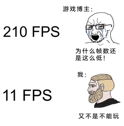 这是一张对比类搞笑梗图，通过上下两部分的内容制造强烈反差：上方是代表高端游戏玩家的游戏博主形象，其游戏帧率达到210FPS，却崩溃大哭着大喊“为什么帧数还是这么低！”，表现出对游戏帧率的极高要求；下方是代表普通玩家的“我”的形象，游戏帧率仅为11FPS，却一脸淡定地表示“又不是不能玩”，凸显出不同玩家群体对游戏帧率的敏感度和接受度的巨大差异，以此制造出幽默效果，调侃了游戏圈中高端玩家与普通玩家的不同心态。