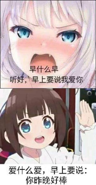 这是一张拼贴的二次元（动漫风格）表情包，下方配有文字“爱什么爱，早上要说：你昨晚好棒”。图片内容用调侃和戏谑的方式讽刺情侣间的日常对话，把“早安，亲爱的”类的表达进行了幽默的改编，加入了暗示性质的笑点。上半部分与下半部分均为动漫角色，但角色面部经过模糊，无法识别具体形象。整体风格轻松、打趣，带有一定的暧昧和“成年人玩笑”味道。

看点：下方文字为双关暗示，带有暧昧色彩，常见于情侣、朋友间玩梗的场合。