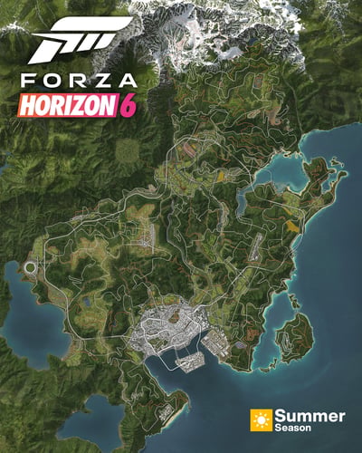 这是一张粉丝自制的《极限竞速：地平线6》假想完整开放世界大地图，左上角印有《极限竞速》系列的标志性品牌logo，以及“FORZA HORIZON 6”的作品标题字样，右下角标注了代表夏季的“Summer Season”标识。地图主体展示了一块三面临海、北部覆盖积雪雪山的半岛开放区域，完整绘制出区域内所有可行驶的道路网络，涵盖北部雪山森林、中部野外郊野、南部大型港口城市以及多处周边离岛，不同区域地形风格丰富多变；该作品是创作者玩梗创作的内容，对外声称是《极限竞速：地平线6》将和《原神》开启联动的相关内容，本质属于玩家自制的假想内容，并非官方发布的正式游戏内容。