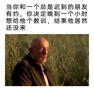 这是一张图文混排的搞笑梗图，上方文字描述了一个极具共鸣的日常场景：和习惯性迟到的朋友约定见面后，特意晚到一小时想给对方一个教训，结果抵达后发现对方居然还没出现。下方搭配美剧《绝命毒师》里角色迈克的截图，他坐在草丛中，神情落寞无奈、眼神低垂，完美契合了计划落空后那种无力又哭笑不得的心情，精准调侃了和总是迟到的朋友相处时的无奈痛点。