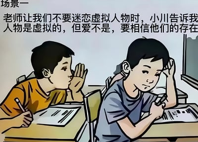 教室场景的卡通插画，画面中有两名学生坐在课桌前。左侧穿橙色衣服的学生侧身对右侧穿蓝色衣服的同学耳语，右侧同学单手撑头，表情略显困惑。图片上方配有文字：'老师让我们不要迷恋虚拟人物时，小川告诉我人物是虚拟的，但爱不是，要相信他们的存在'，展现了学生对虚拟人物情感的讨论。