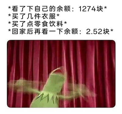 这是一张图文混排的搞笑共鸣梗图，上方文字以第一视角讲述了一段真实的日常经历：原本拥有1274元余额，仅买了几件衣服和零食饮料后，回家查看余额就只剩2.52元；下方搭配了美国经典木偶剧《大青蛙布偶秀》中科米蛙快速挥动手臂的动图截图，这个幅度极大的激动动作，精准地诠释了看到余额骤降后，当事人崩溃、懊恼又无奈的情绪，戳中了众多月光族花钱后陷入经济窘迫的共鸣点，用幽默的方式调侃了大手大脚花钱的行为。