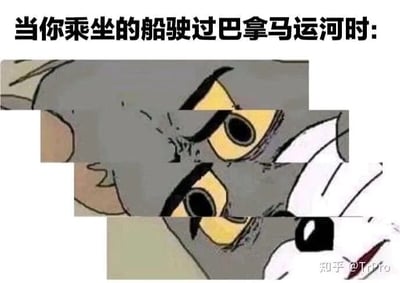 这是一张经过P图改编的搞笑梗图，顶部配有文字“当你乘坐的船驶过巴拿马运河时:”，下方内容是将经典动画《猫和老鼠》里汤姆猫的脸部截图分割成多段，并进行错位拼接。该图用这种夸张的视觉效果，来模拟船只经过巴拿马运河船闸时的特殊视觉体验——由于巴拿马运河采用阶梯式船闸结构，船只在通过船闸时，会被船闸的墙体从视觉上分割成数段，图中错位的汤姆猫脸部就对应了这种奇特的观感，用卡通角色的错愕表情放大了这种体验的趣味性，达到搞笑的效果。