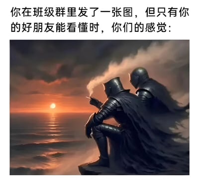 图片上方配有文字“你在班级群里发了一张图，但只有你的好朋友能看懂时，你们的感觉：”，下方是一幅插画：两名身着黑色盔甲、披着斗篷的骑士背对着观众，并肩坐在悬崖边缘。其中一人手持香烟，烟雾袅袅升起，两人一同眺望远方海平面上的落日，天空被染成橙红色，海面波光粼粼，整体氛围静谧而充满默契，生动展现了只有好友间才懂的秘密共鸣感。