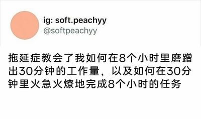 这是一张社交媒体截图类的图文内容，左上角带有Instagram账号标识水印“ig: soft.peachyy @softpeachyy”，主体部分是一段精准戳中拖延症人群痛点的中文吐槽文字。文字用夸张的时间对比，描绘了拖延症人群两种极端的工作状态：在拥有8小时充足时间时，效率极低，磨磨蹭蹭仅完成30分钟就能做完的工作量；而当时间仅剩30分钟、截止日期临近时，又能爆发超强效率，火急火燎地完成原本需要8小时的任务。这段内容用幽默的方式展现了拖延症带来的矛盾又真实的日常，极易引发有相似经历人群的共鸣。