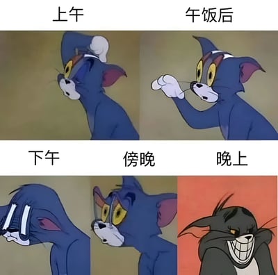 这是一张使用《猫和老鼠》中汤姆猫角色制作的搞笑表情包，通过五张图片展示了汤姆猫从上午到晚上的精力变化过程。上午的汤姆精神抖擞，午饭后开始有些疲惫，下午变得非常困倦，傍晚时已经筋疲力尽，到了晚上却突然变得兴奋起来，形成鲜明对比，幽默地表现了很多人一天中的状态变化。
