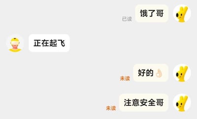 图片展示了一个聊天界面截图，左侧用户头像为黄色帽子和黄色上衣的卡通人物，发送消息“正在起飞”；右侧用户头像为黄色兔子造型（单眼黑色圆形），依次发送“饿了哥”（已读）、“好的”（未读）、“注意安全哥”（未读）。背景为浅灰色，消息气泡为白色，右侧消息旁分别标注“已读”和橙色“未读”字样，呈现两人之间简短的对话场景。