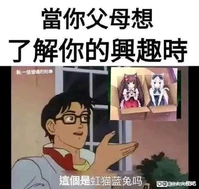 这是一张二次创作的搞笑梗图，上方配文「当你父母想了解你的兴趣时」，画面左侧是《新世纪福音战士》中碇源堂的经典截图（伸手的动作被用作梗图模板），他指向右侧出自《猫娘乐园》（NEKOPARA）的巧克力和香子兰两位猫娘角色，下方配文「這個是虹猫蓝兔吗」。图中用长辈将年轻人喜爱的二次元猫娘角色，误解为童年经典动画《虹猫蓝兔七侠传》角色的场景，调侃了代际之间对于兴趣爱好的认知差异，制造出错位的幽默效果。