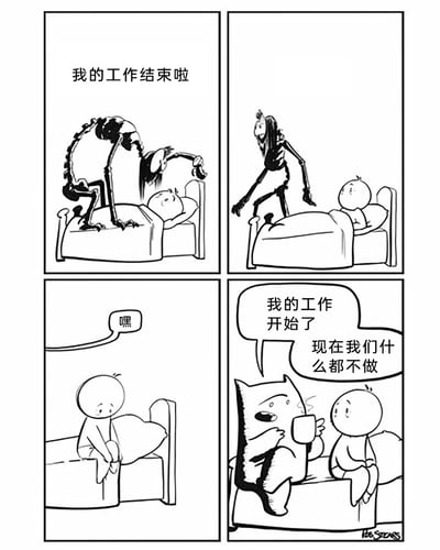 这是一幅四格黑白幽默漫画，用职场工作的隐喻来调侃失眠的日常：第一格中，骷髅形象的死神站在熟睡小孩的床上，伸着懒腰宣告“我的工作结束啦”，完成了哄人入睡的工作；第二格中，死神刚离开，小孩就突然醒转，坐起来看着离去的死神；第三格中，清醒的小孩独自坐在床上，一只猫向他打招呼“嘿”；第四格中，猫悠闲地坐到床上，拿着杯子说“我的工作开始了”，接着补充“现在我们什么都不做”，点明这是失眠的“工作时刻”，幽默地表现了失眠时只能清醒着度过夜晚的无奈反差。