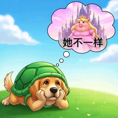 图中展示了一只戴着绿色乌龟壳的金毛犬，它趴在翠绿的草地上，用两只前爪托着脸颊，眼神满是憧憬与思念。在它的脑袋上方，有一个粉色的思想气泡，气泡里是一位穿着粉色公主裙、头戴金色皇冠的猪形象，猪公主面带微笑，背景是梦幻的尖顶城堡，气泡内配文“她不一样”。这张图通过拟人化的设定和跨物种的反差组合，制造出搞笑又温馨的效果，表现出角色对“猪公主”的特殊偏爱，没有双关、谐音梗等内容。