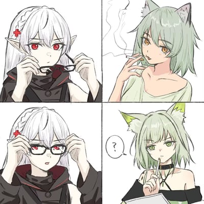 这是一张四格排版的明日方舟同人卡通漫画，整体为2x2的分镜结构：第一格是白发红瞳的精灵耳干员华法琳双手拿着黑框眼镜准备佩戴；第二格呈现的是华法琳没戴眼镜时看到的画面：绿发猫耳女性叼着香烟，神态慵懒放松；第三格华法琳戴好眼镜，神情出现变化；第四格展现真实场景，对面的人是凯尔希，她叼着笔、手持文件，旁边带有问号气泡，一脸疑惑地看向华法琳，形成了看错人的搞笑反差效果。
