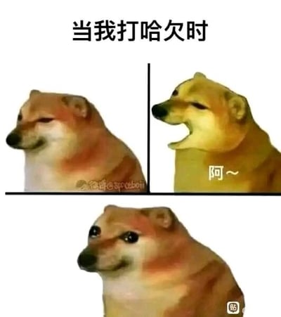这是一张多图拼接的文字加注表情包，以知名的Doge柴犬形象为主体，分为三个板块呈现人打哈欠的完整过程：左上板块是打哈欠前，柴犬半眯着眼睛，神态慵懒困倦；右上板块是打哈欠的瞬间，柴犬张嘴，配文“阿~”模拟打哈欠的声音；下方板块是打完哈欠后，柴犬眼睛睁大，神态变得清醒。整个表情包用拟人化的方式，生动还原了日常打哈欠从困倦到清醒的状态，内容贴近生活，十分搞笑贴切，容易引发网友共鸣。